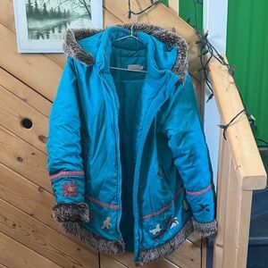 Unique Northern Made Teal Embroidered Hooded Winter Coat with Faux Fur Trim